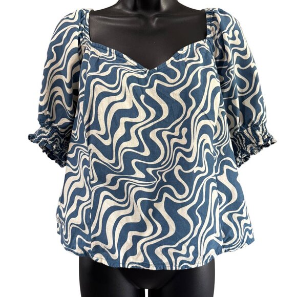 Ava & Viv Size X(14) Blue White Peasant Top Puff Sleeves Smocked Back - Picture 1 of 7